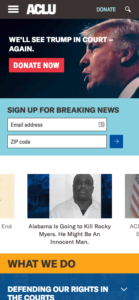 Screenshot of ACLU homepage, mobile layout