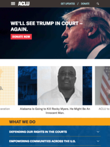 Screenshot of ACLU homepage, tablet layout