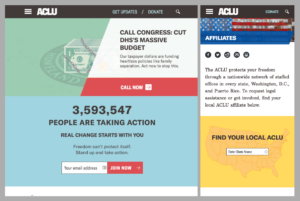 Screenshot of ACLU Action and Affiliates pages, tablet/mobile layout