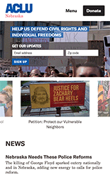 ACLU affiliate example homepage - mobile