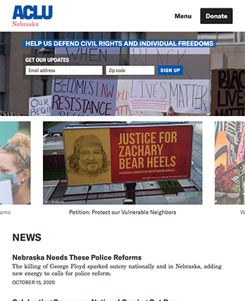 American Civil Liberties Union (ACLU) Affiliates tablet site screenshot