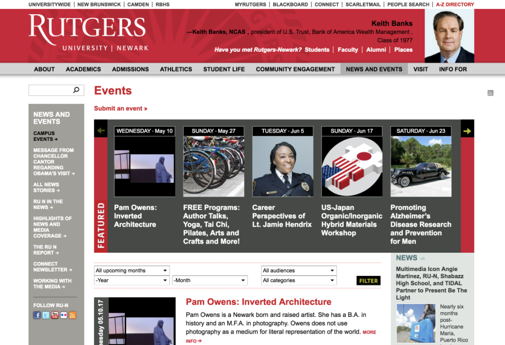 Screenshot of the Rutgers-Newark large-screen Events page