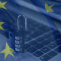 Stylized computer keyboard, padlock, and EU flag