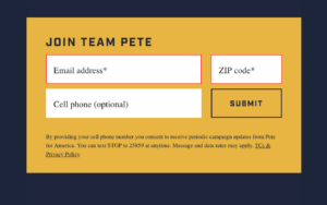 Buttigieg website screenshot of form with low contrast errors