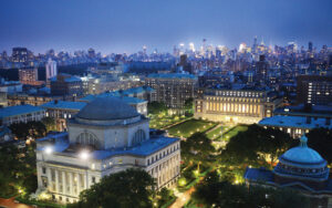 Columbia University campus lit up at night