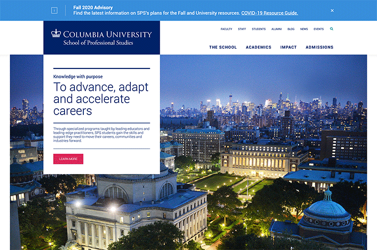 Columbia University School of Professional Studies desktop site screenshot