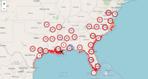 Episcopal Asset Map example screenshot with pin points over southeast flood zones